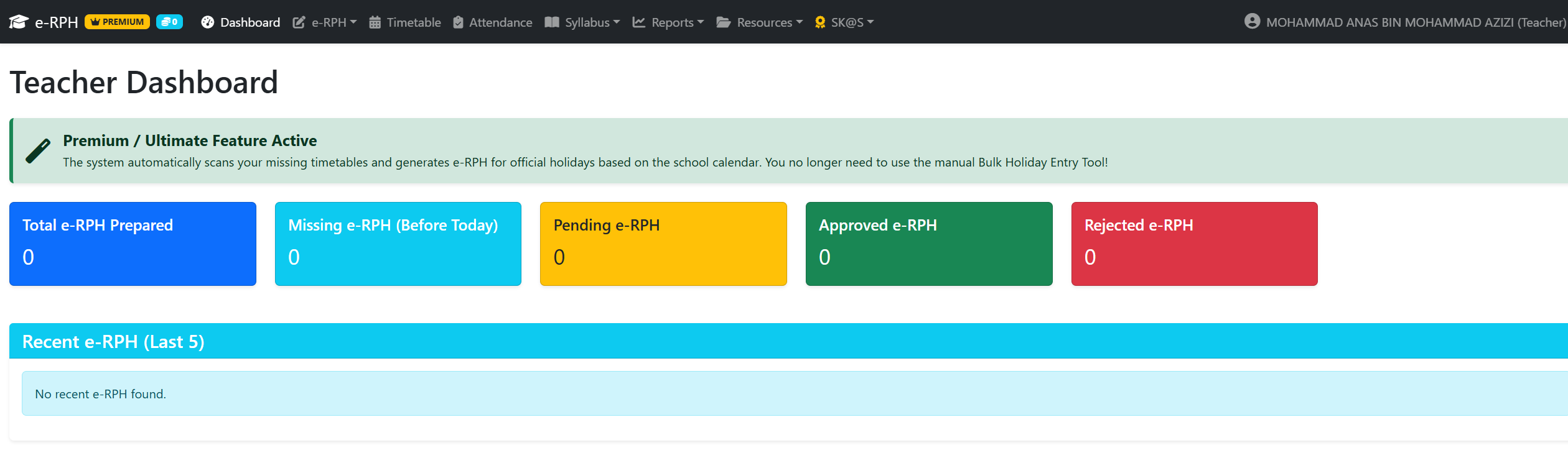 e-RPH teacher dashboard showing today's schedule and lesson plan status